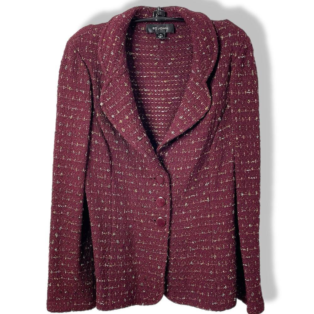 St. John knit jacket burgundy metallic gold silver sparkle buttons 10